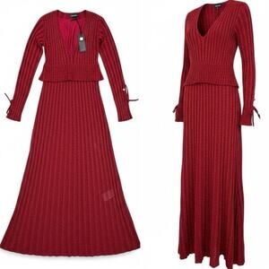 NWT Just Cavalli Ribbed Knit Shimmered Ruby Red  Midi Dress